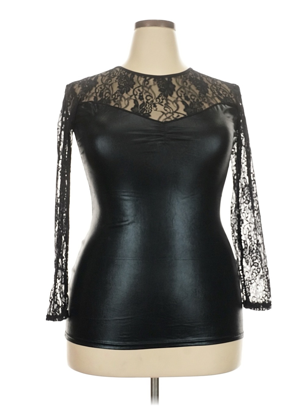 Black Lace Insert Faux Leather Long Sleeve Top